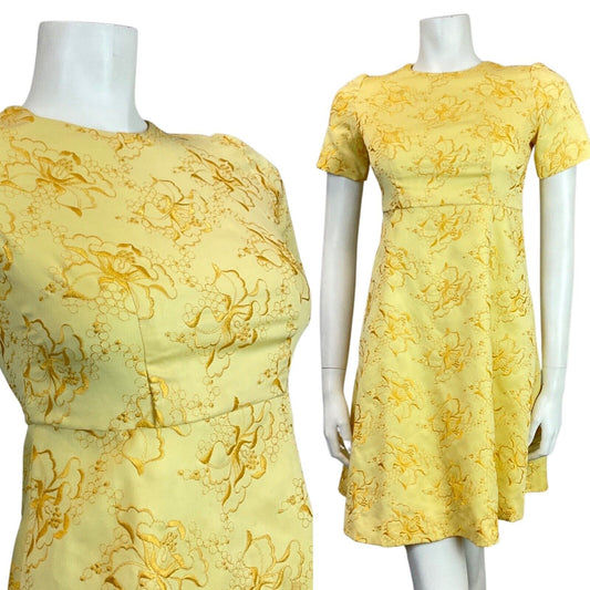 VINTAGE 60s 70s SOFT YELLOW FLORAL EMBROIDERED MOD SHORT DRESS 8