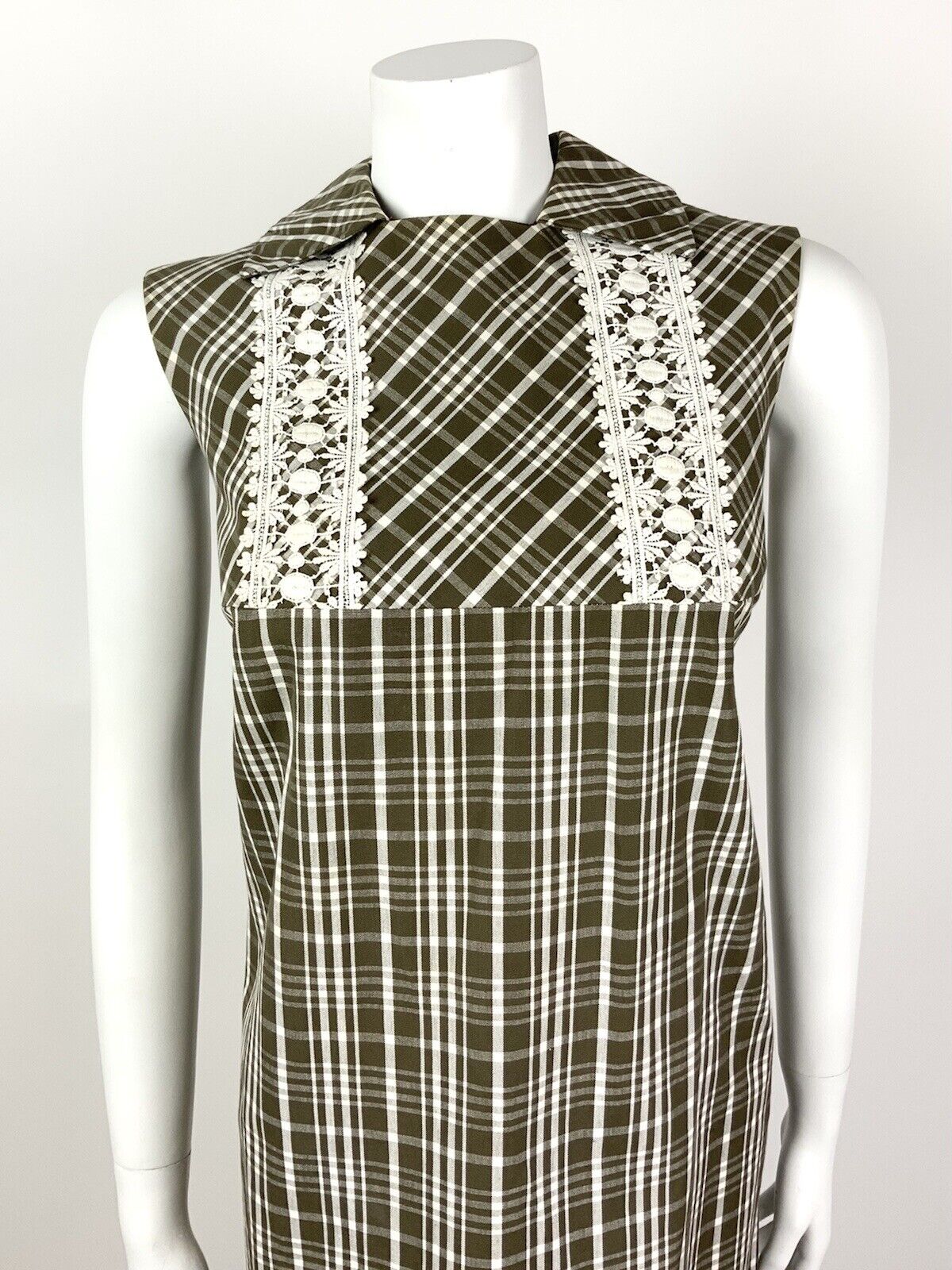 VINTAGE 60s 70s BROWN WHITE PLAID CHECKED LACE MOD SHIFT DRESS 12 14