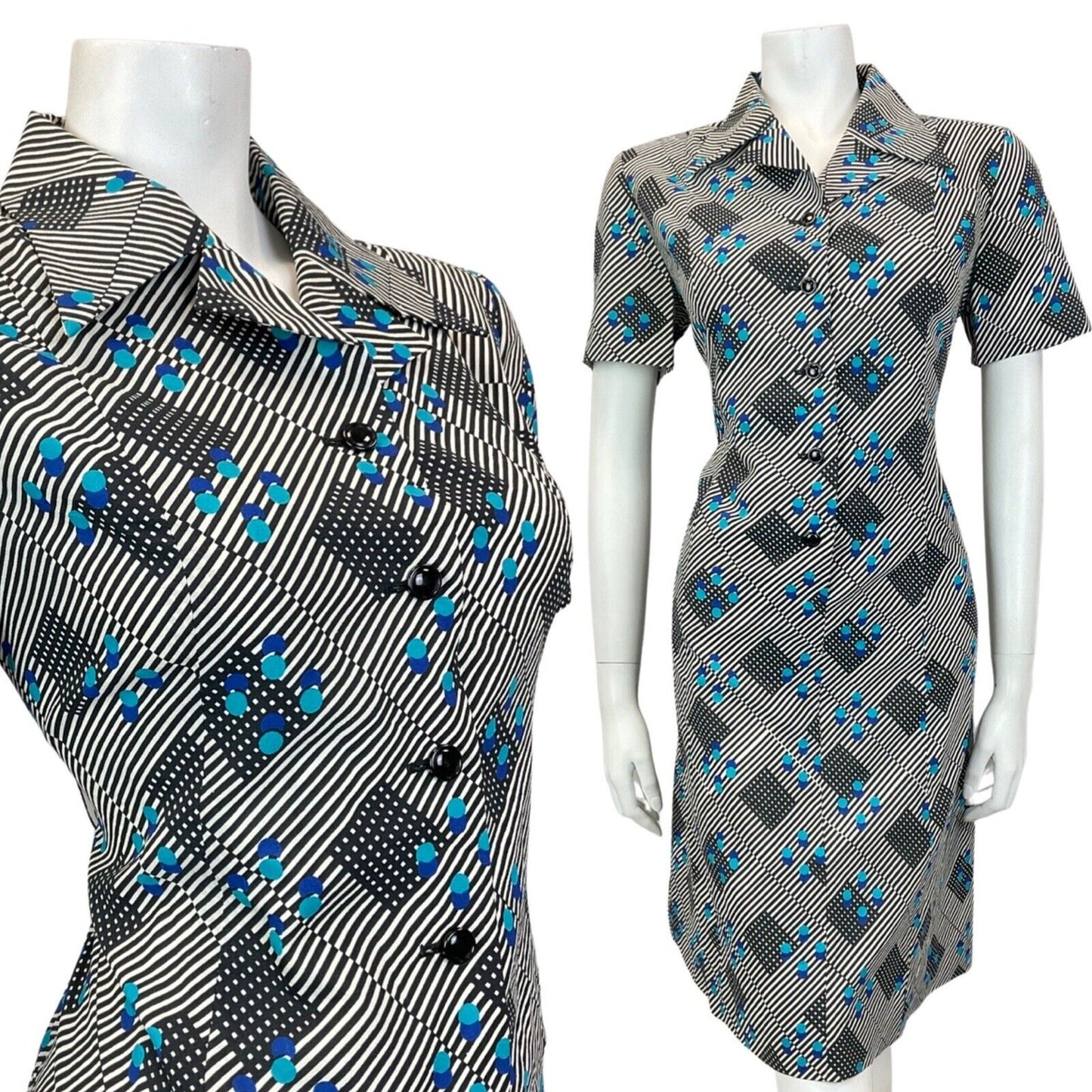 VINTAGE 60s 70s BLACK WHITE BLUE STRIPED GEOMETRIC MOD DAGGER SHIRT DRESS 12 14