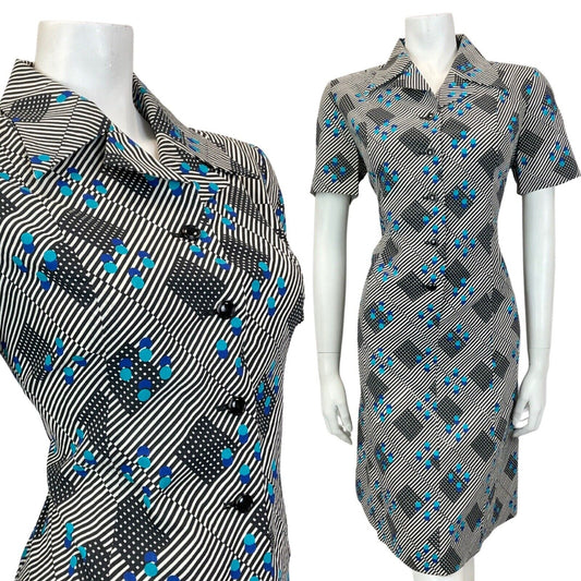 VINTAGE 60s 70s BLACK WHITE BLUE STRIPED GEOMETRIC MOD DAGGER SHIRT DRESS 12 14