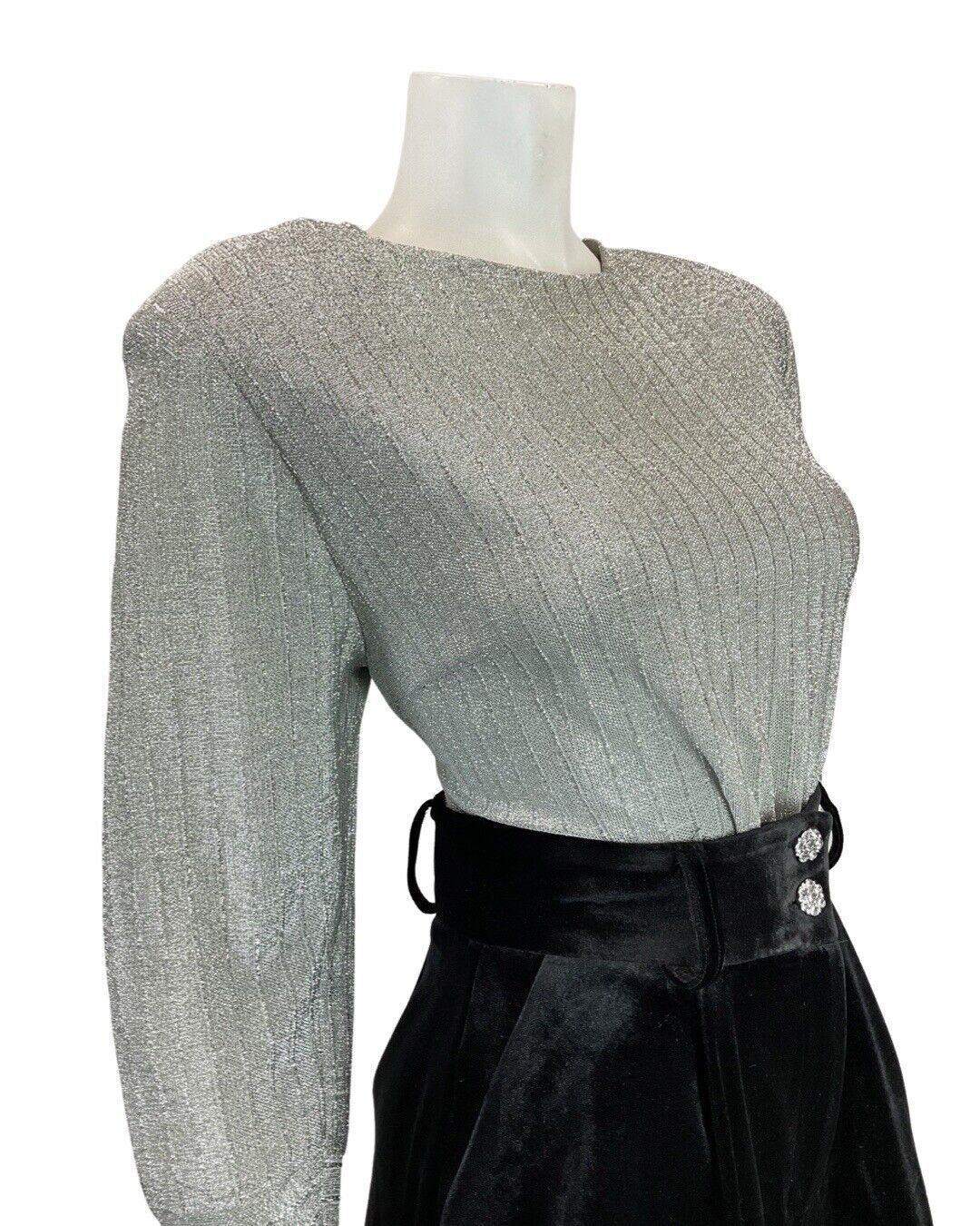 VINTAGE 60s 70s SILVER DISCO PARTY LUREX LONG-SLEEVE BLOUSE TOP 14 16