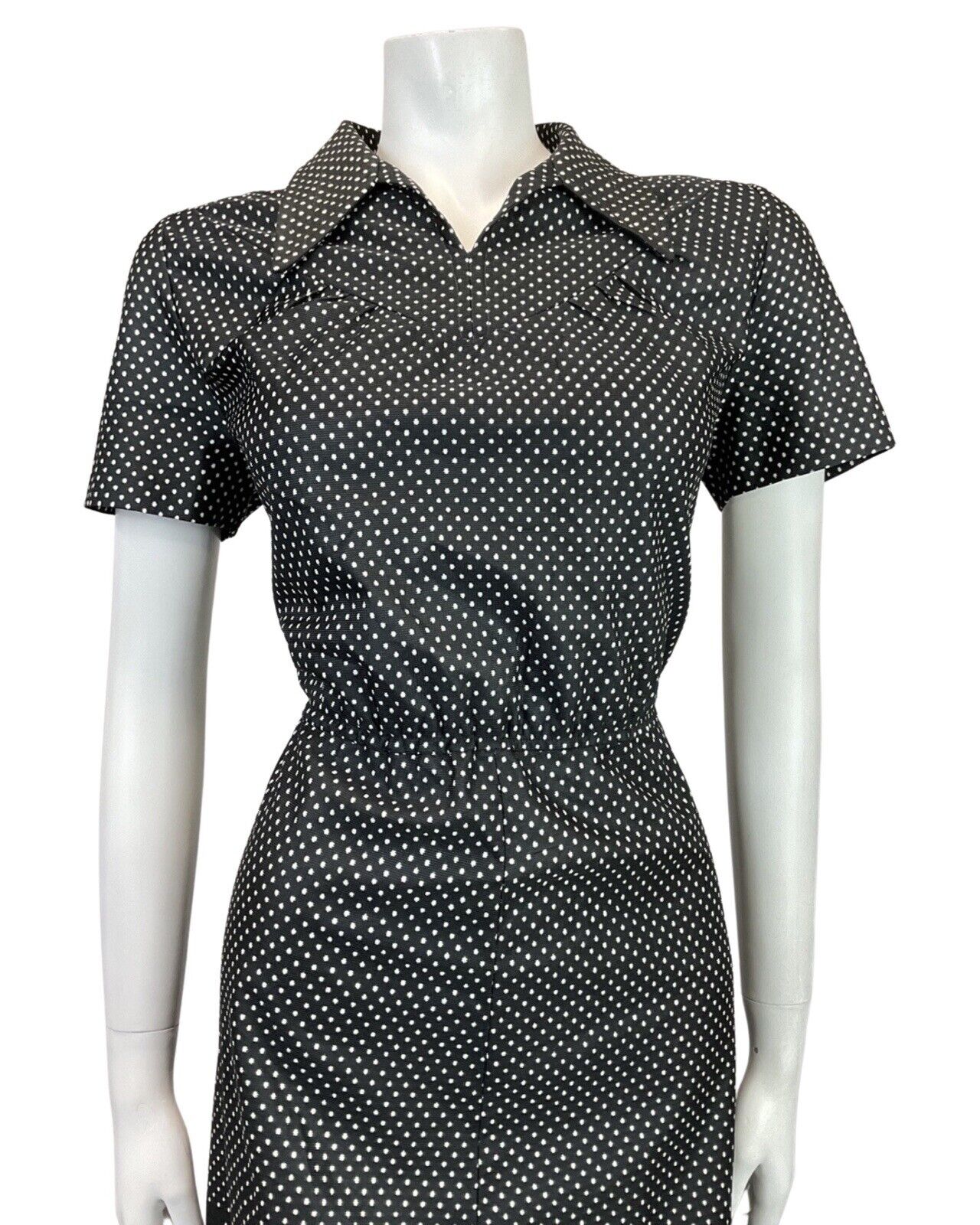 VINTAGE 60s 70s BLACK WHITE YELLOW POLKA-DOT GEOMETRIC DAISY MOD SHIRT DRESS 10