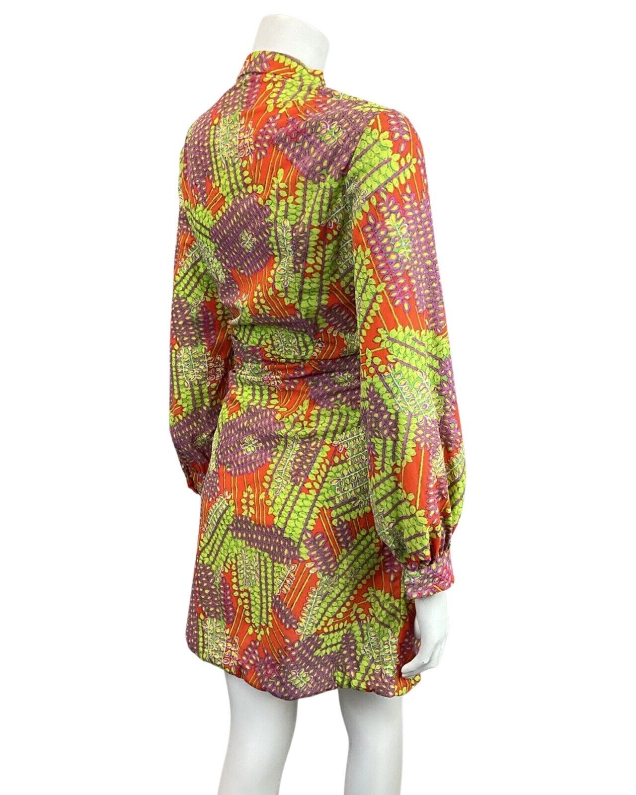 VINTAGE 60s 70s ORANGE GREEN PURPLE PSYCHEDELIC VINE LEAFY BOW MOD DRESS 12 14