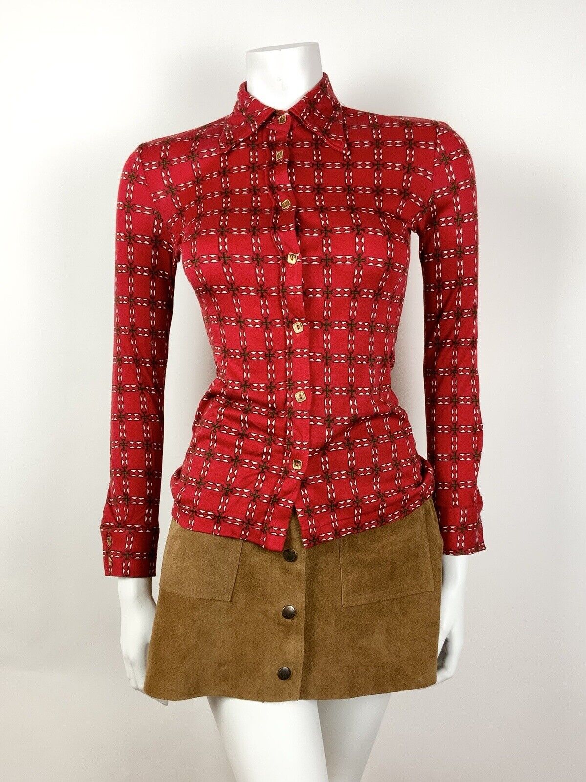VINTAGE 60s 70s RED GREEN WHITE CHECKED GRID GEOMETRIC MOD DAGGER SHIRT 6 8