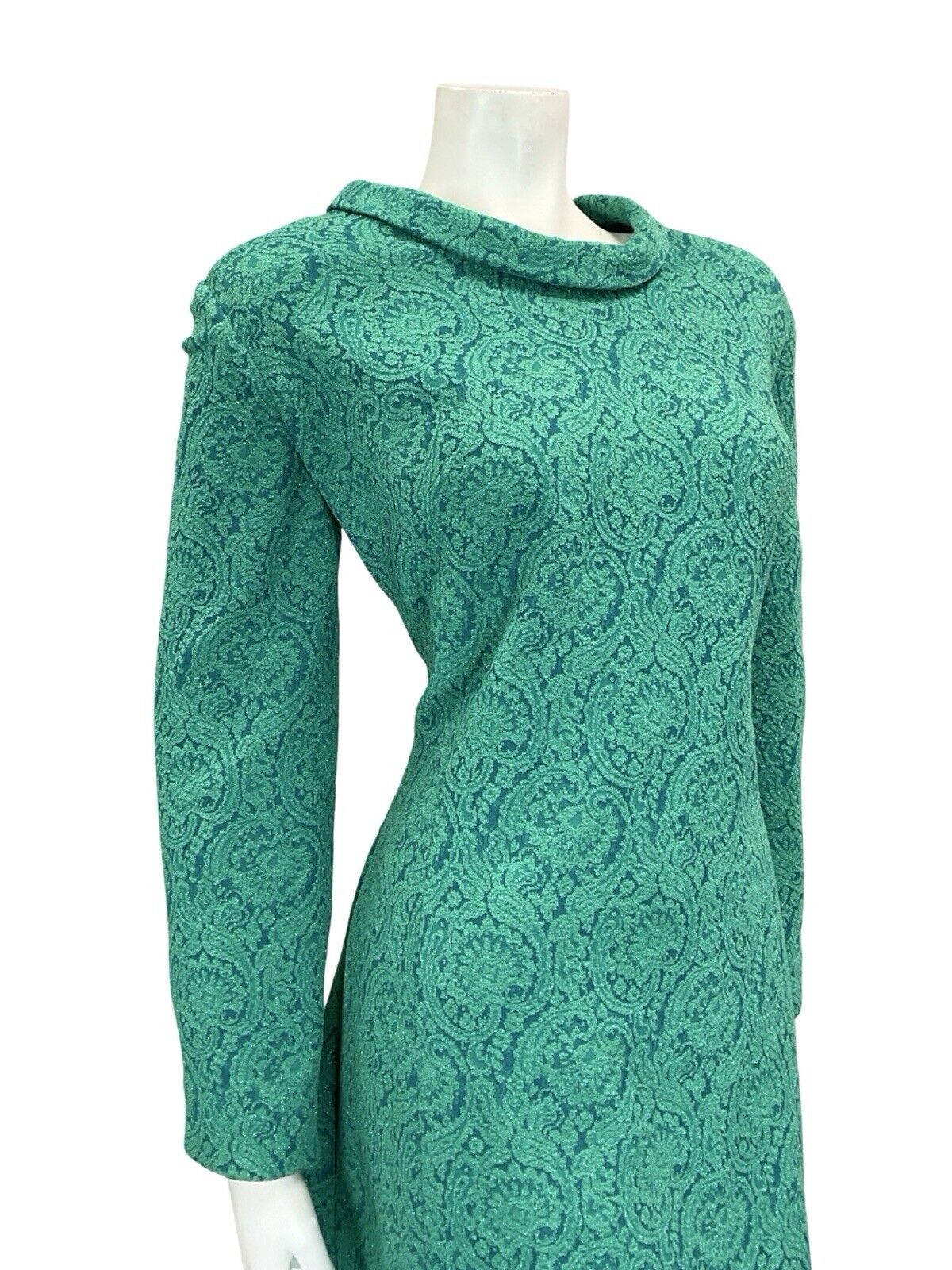 VTG 60S TEAL BLUE GREEN SPARKLY PAISLEY ROUNDED COLLAR PARTY MIDI DRESS 16