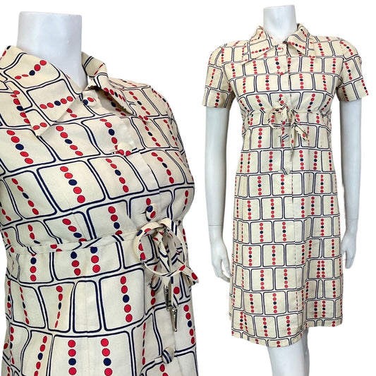 VINTAGE 60s 70s CREAM BLUE RED GEOMETRIC DOTTY DAGGER COLLAR MOD SHIRT DRESS 12