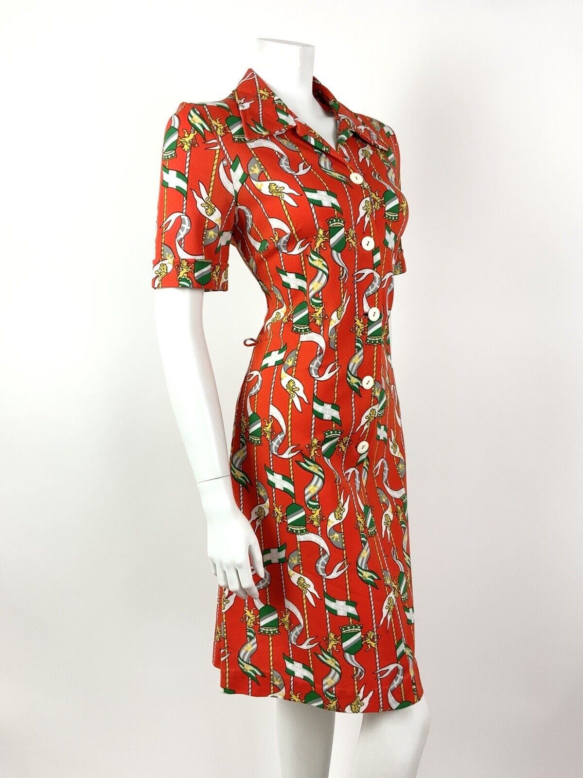 VTG 60s 70s RED ORANGE GREEN GREY FLAG LION CREST MOD DAGGER SHIRT DRESS 12 14