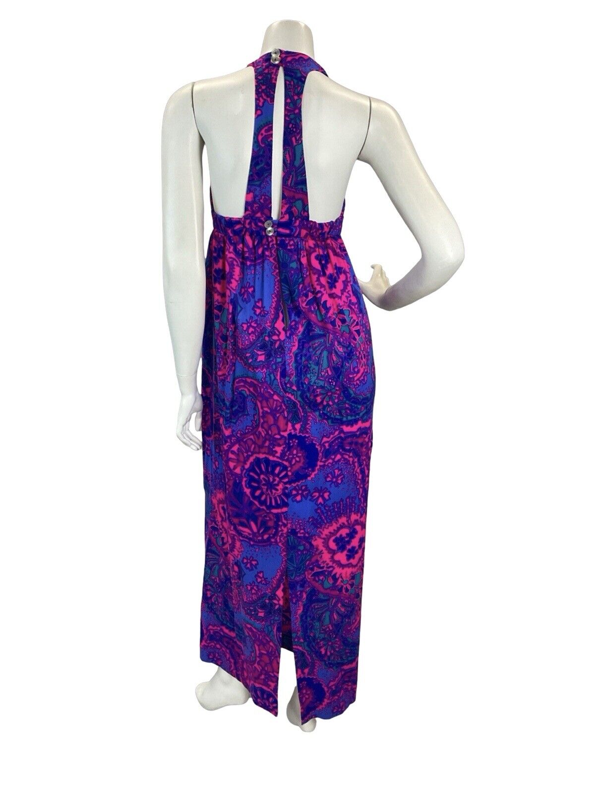 VTG 70s PINK PURPLE TRIPPY PAISLEY PSYCHEDELIC PATTERN BACKLESS MAXI DRESS 4 6