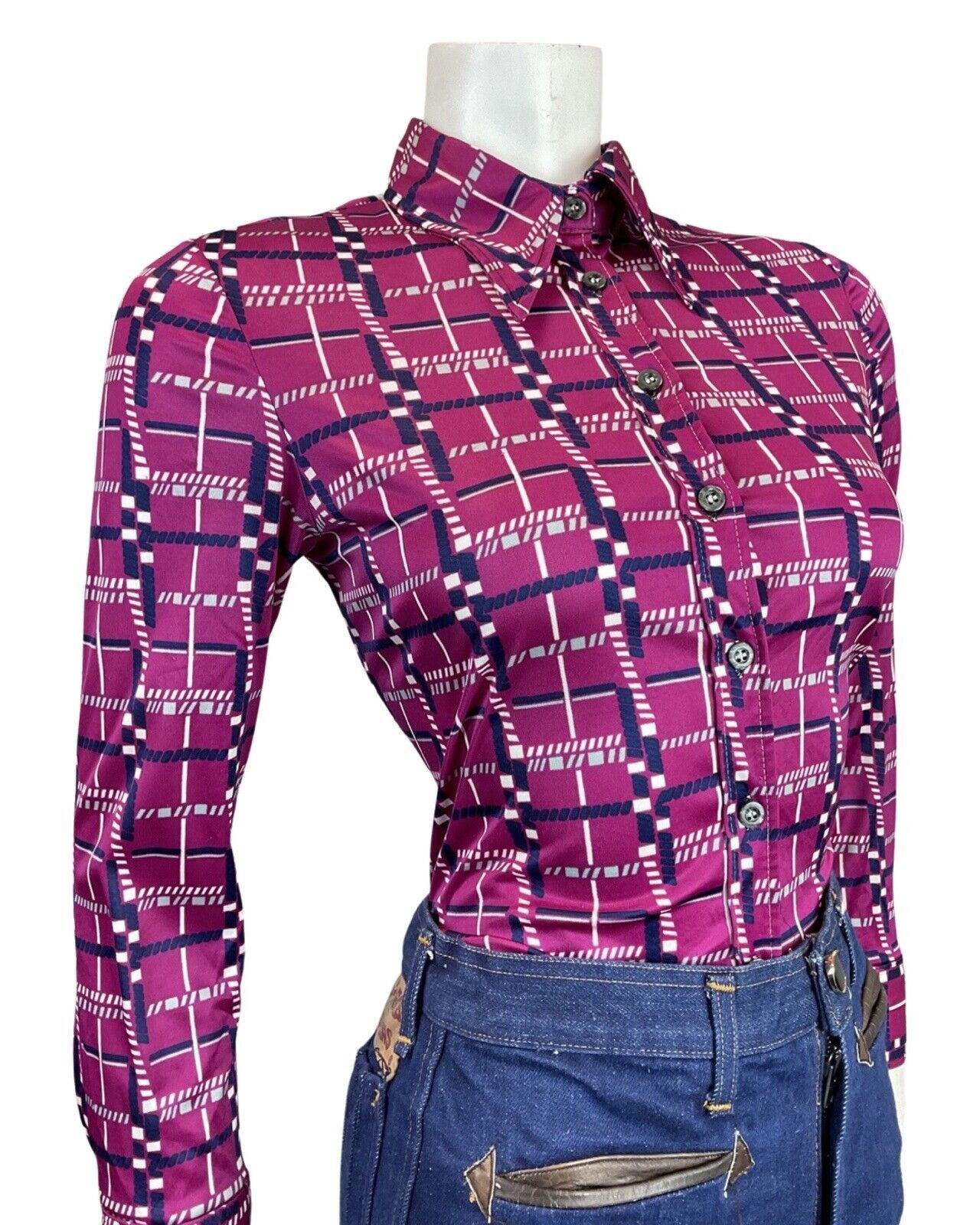 VINTAGE 60s 70s PURPLE BLUE WHITE GRID CHECKED MOD DAGGER SHIRT BLOUSE 10 12