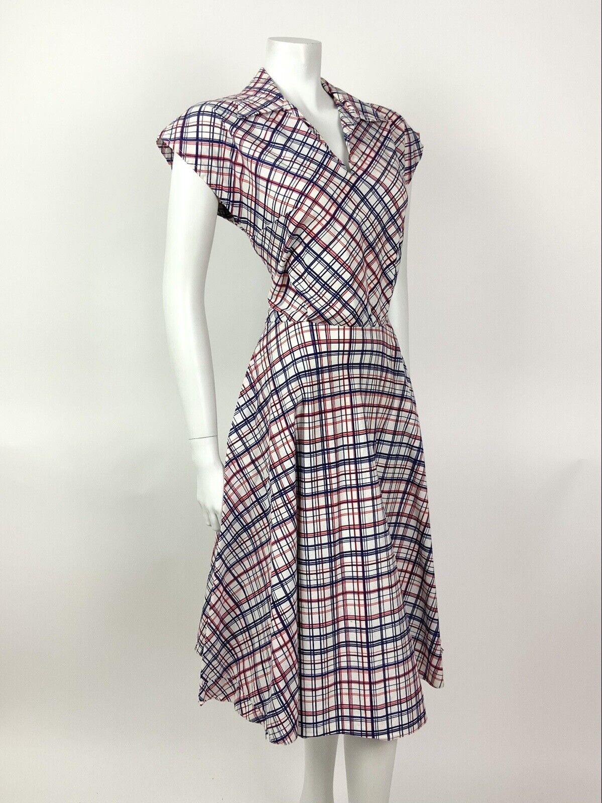 VINTAGE 60s 70s WHITE BLUE RED GRID CHECKED MOD WING SHIRT DRESS 10 12