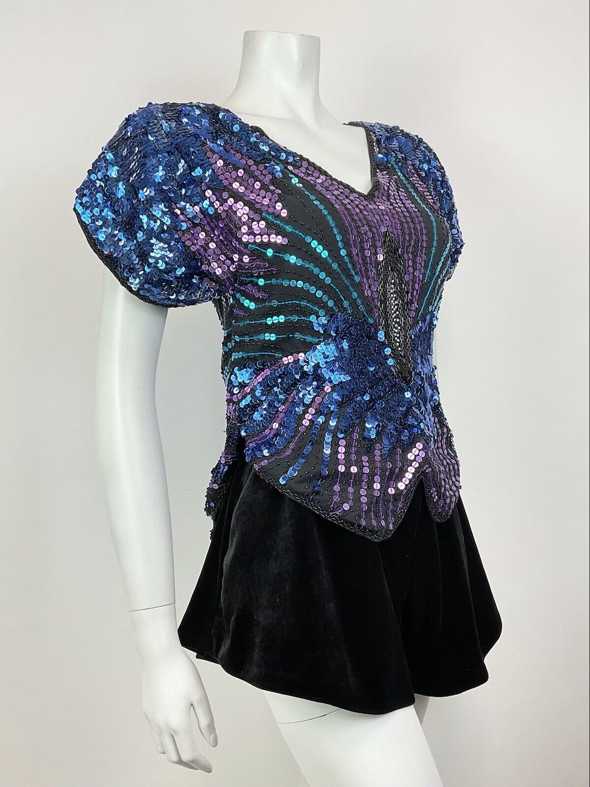 VINTAGE 70s BLUE PURPLE TEAL SEQUIN FLORAL STUDIO 54 DISCO GLAM BLOUSE TOP 8