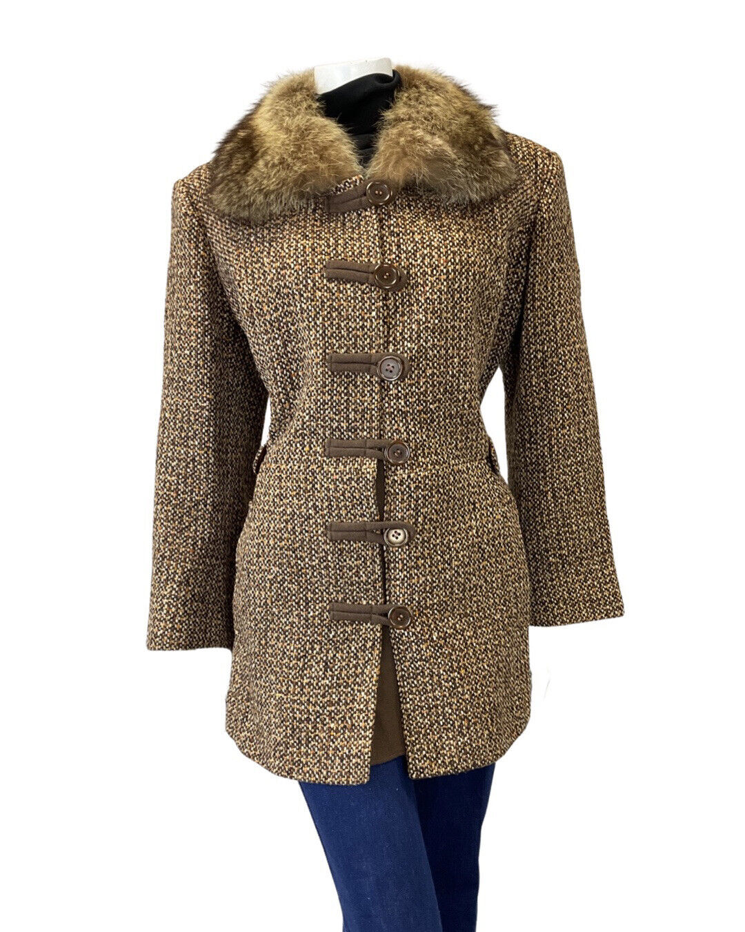 VINTAGE 60s 70s BROWN CREAM TWEED BOHO MOD SHORT WOOL COAT 16 18