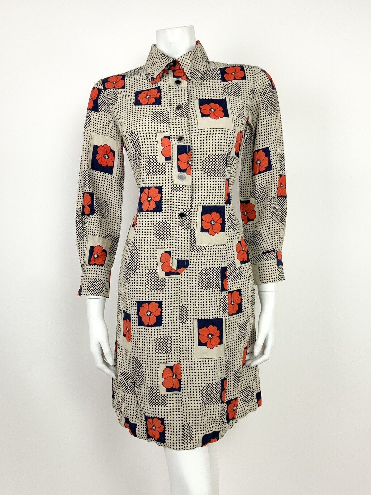 VINTAGE 60s 70s BEIGE BLACK BLUE RED FLORAL POPPY POLKA DOT SHIRT DRESS 10 12