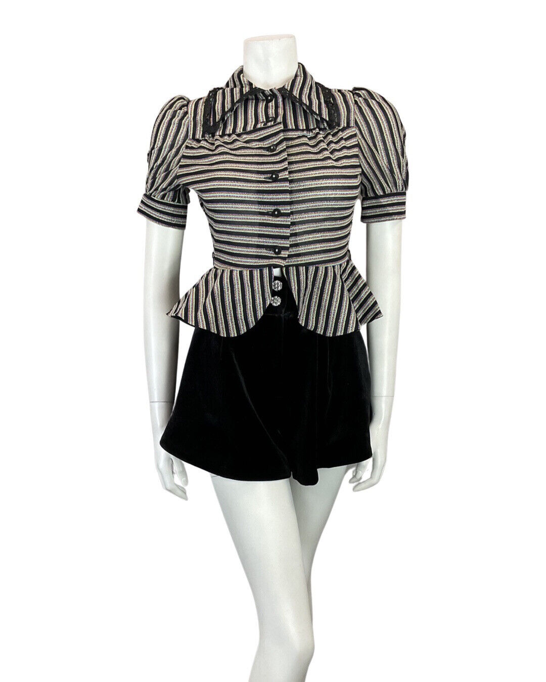 VINTAGE 60s 70s BLACK BLUE SILVER STRIPED MOD PARTY PEPLUM LUREX BLOUSE 8 10