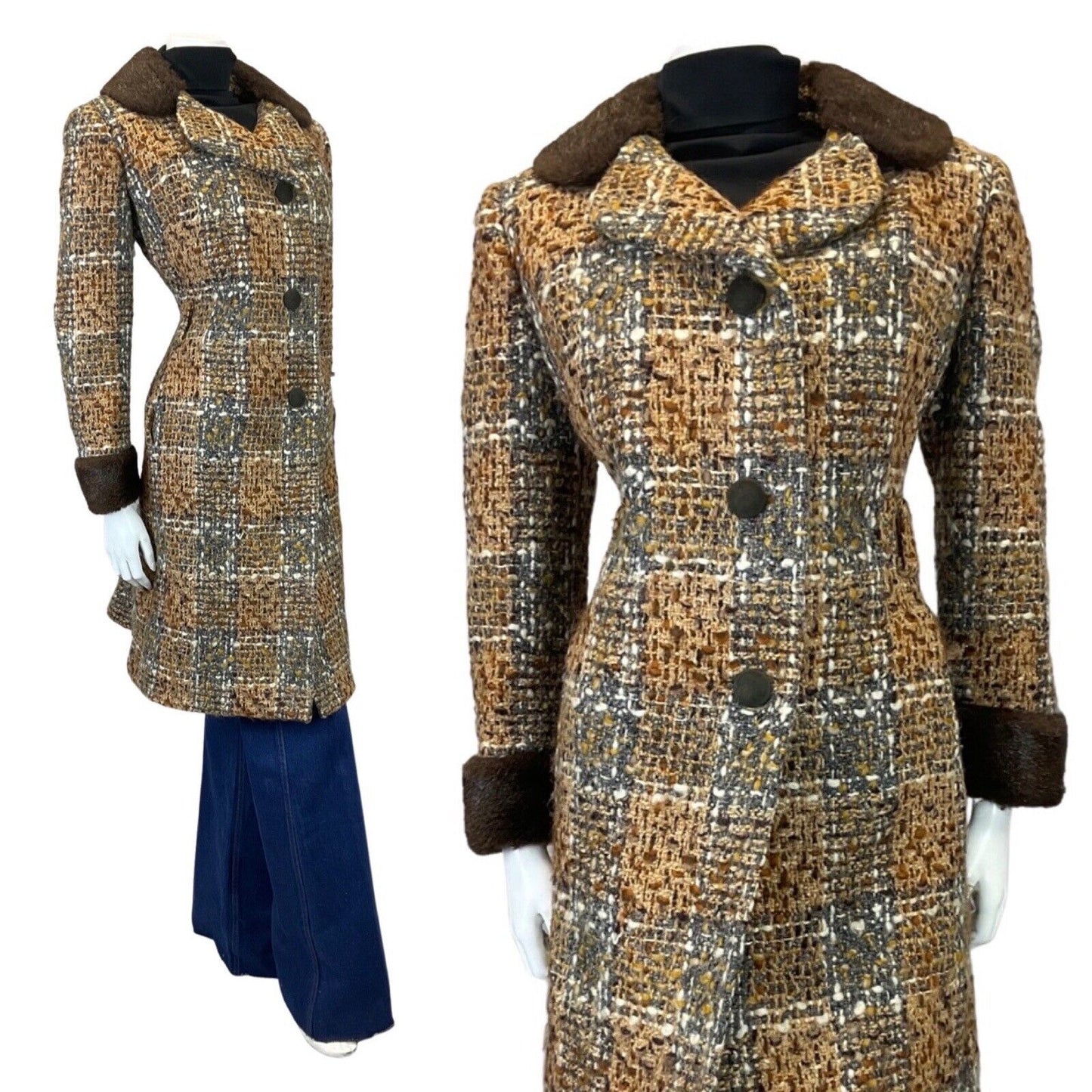 VINTAGE 60s 70s BROWN CREAM PLAID CHECKED FAUX FUR MOD WOOL COAT 16
