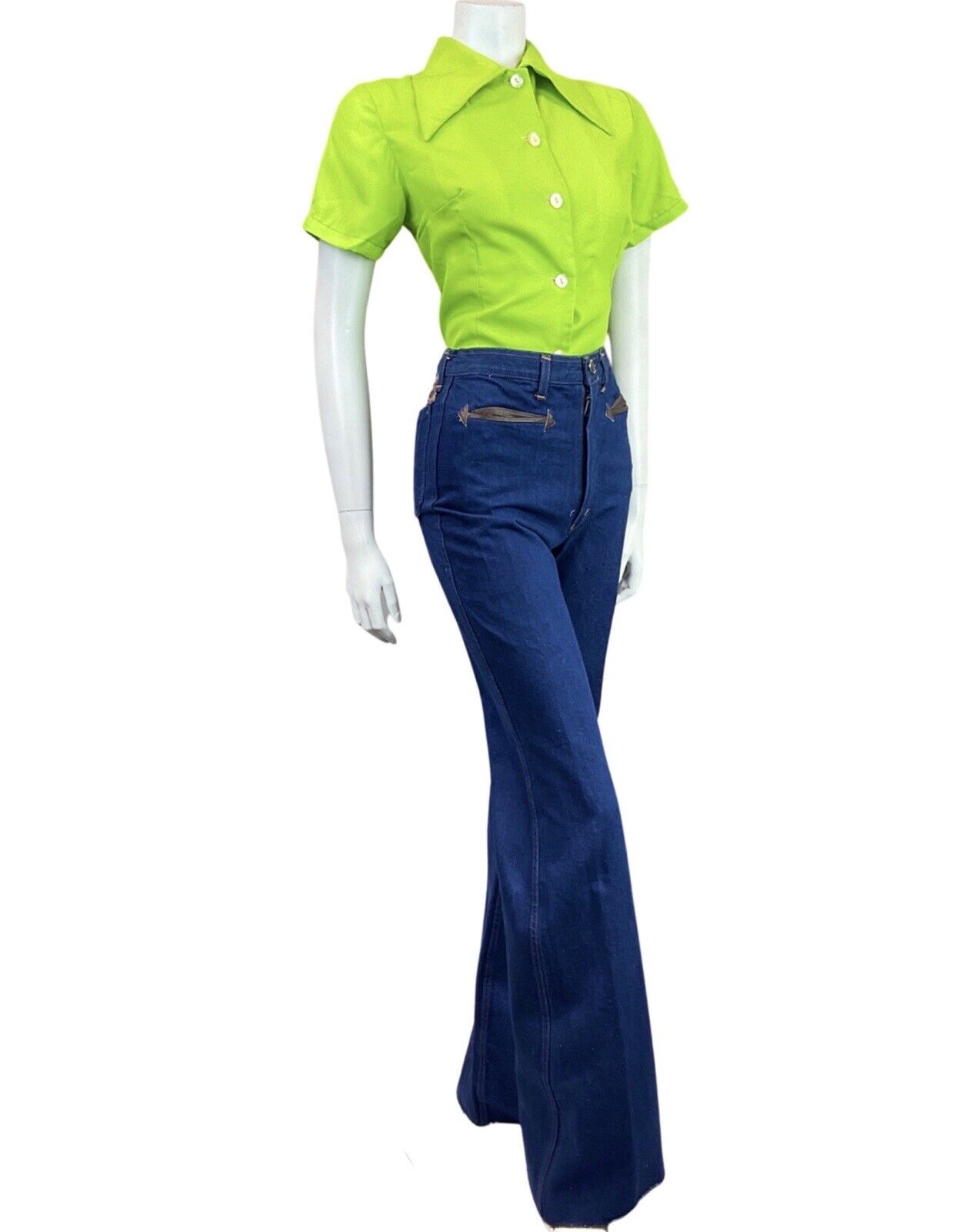 VINTAGE 60s 70s LIME GREEN DAGGER COLLAR SHORT SLEEVE MOD SHIRT 12 14