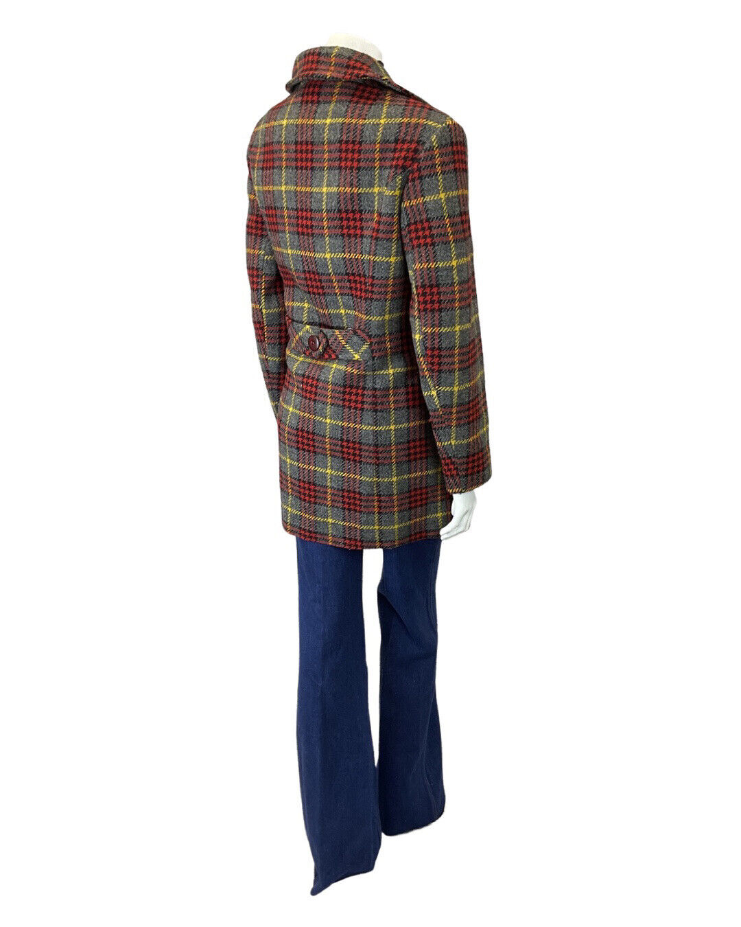 VINTAGE 60s 70s GREY RED YELLOW TARTAN CHECKED MOD WOOL COAT 14 16