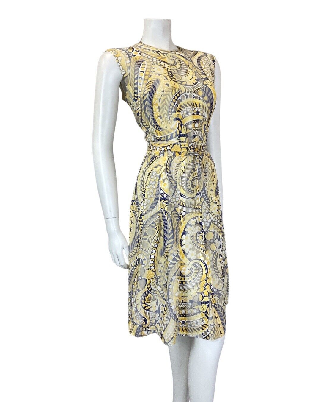 VINTAGE 60s 70s YELLOW BLUE PSYCHEDELIC PAISLEY FLOWER MOD SLEEVELESS DRESS 14