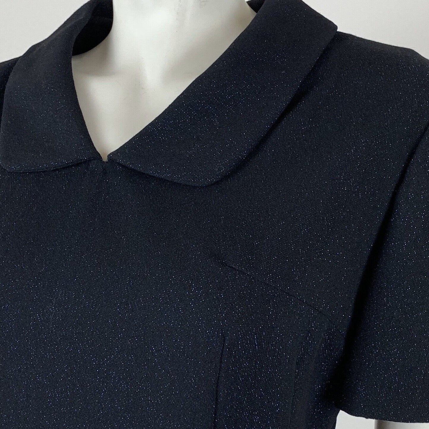 VINTAGE 60s 70s BLACK BLUE GLITTER LUREX PARTY MOD PETER PAN COLLAR DRESS 10