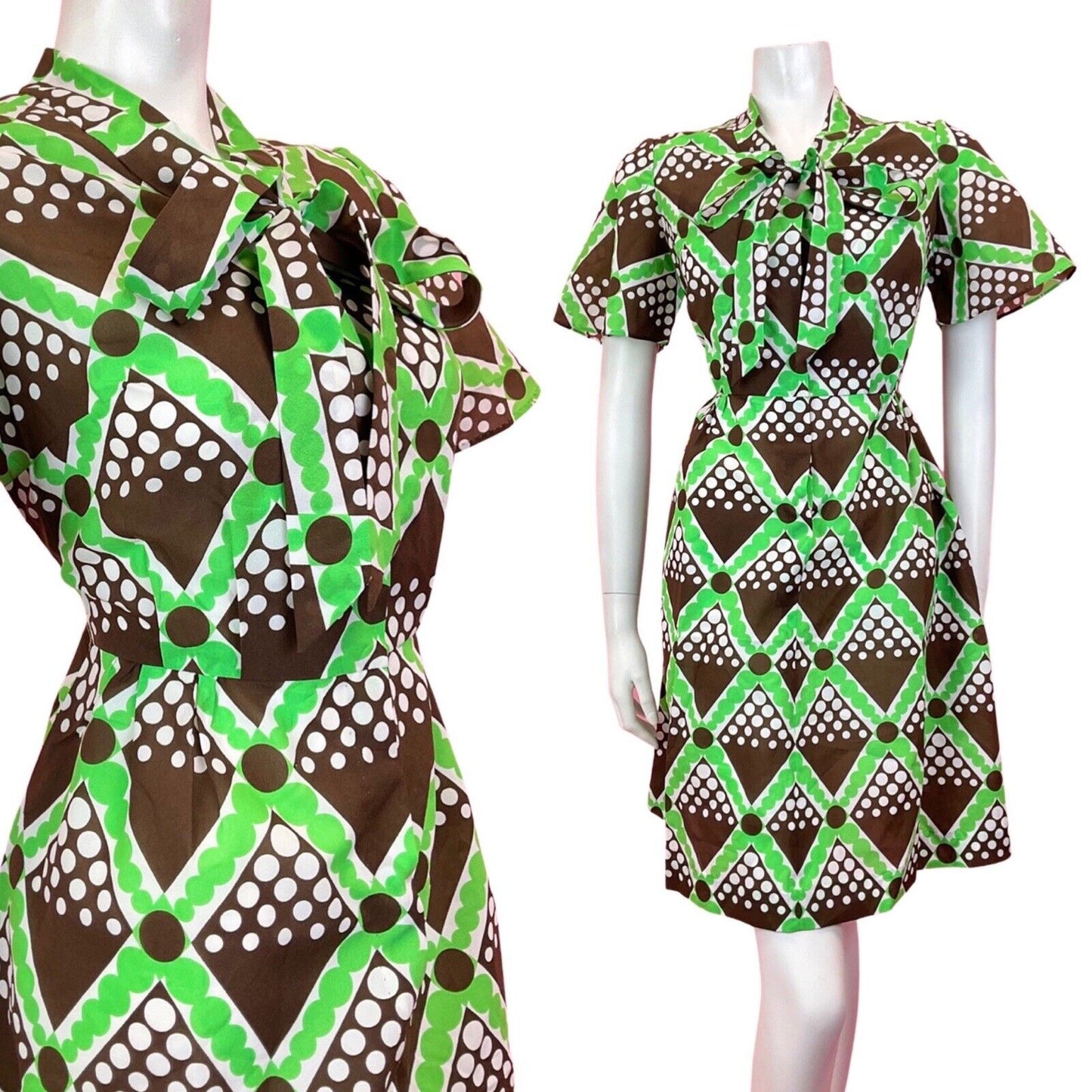VINTAGE 60s 70s BROWN GREEN WHITE CHECKED GEOMETRIC PUSSYBOW MOD DRESS 10 12