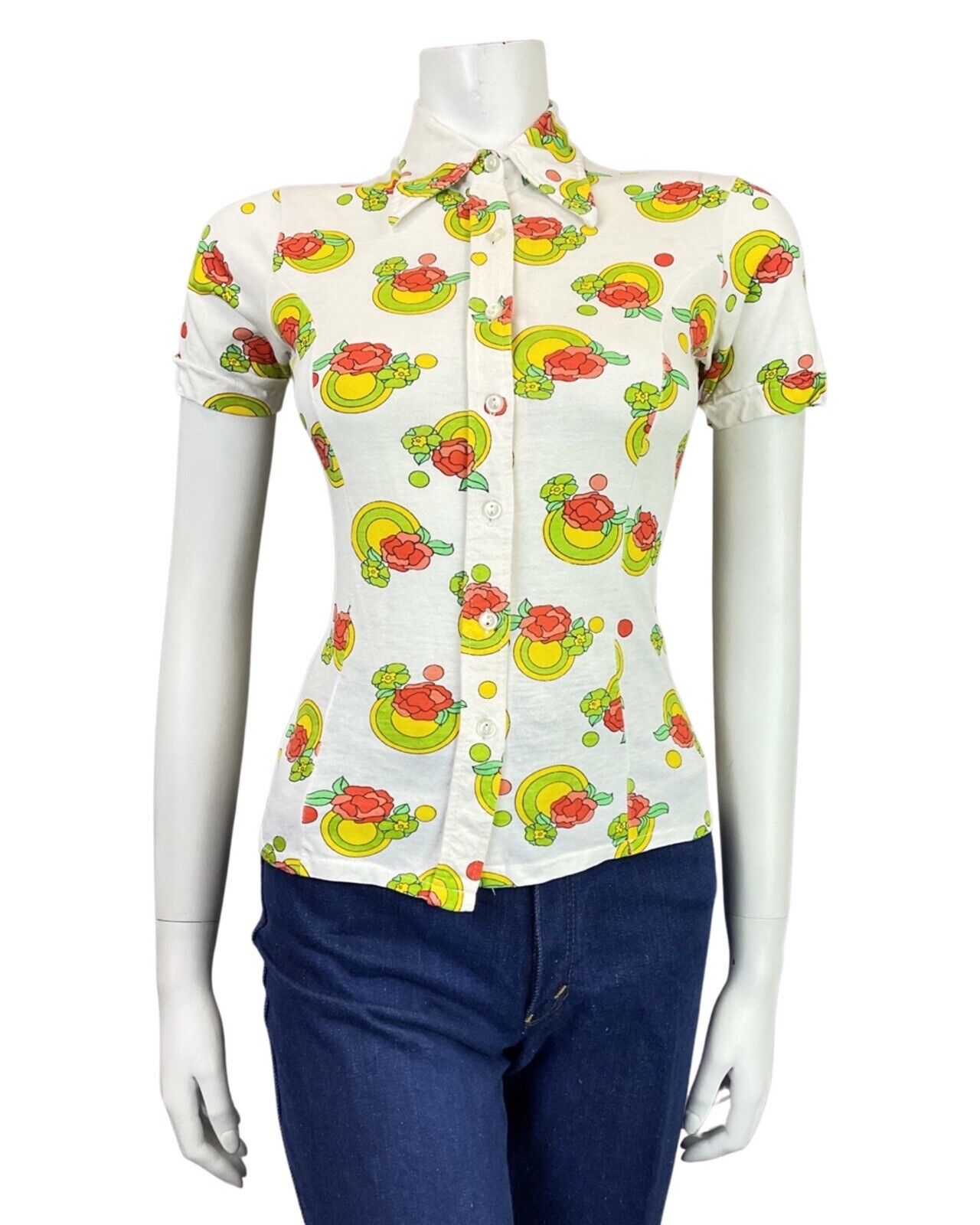 VINTAGE 60s 70s WHITE GREEN RED ROSE FLOWER MOD DAGGER COLLAR SHIRT 8