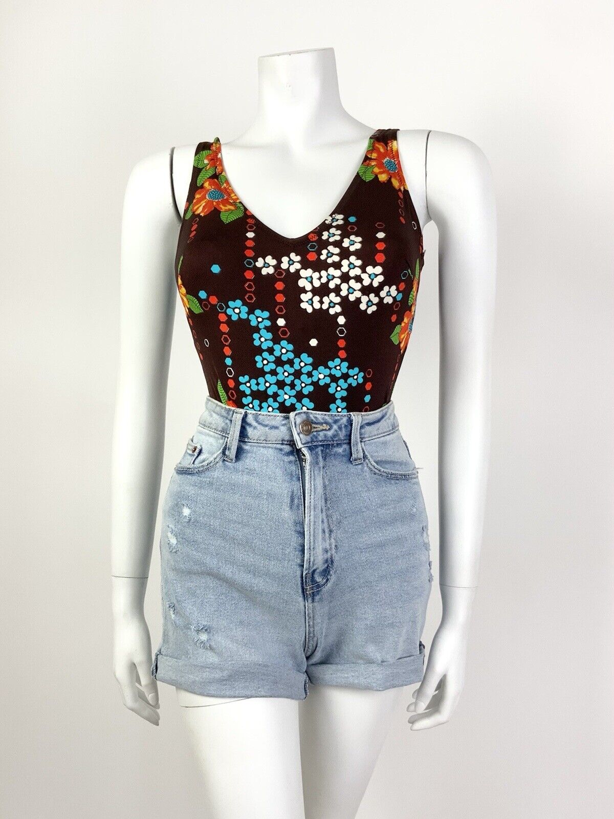 VTG 60s 70s BROWN ORANGE BLUE FLORAL LOW-BACK MOD SWIMSUIT BODY SUIT 10 12