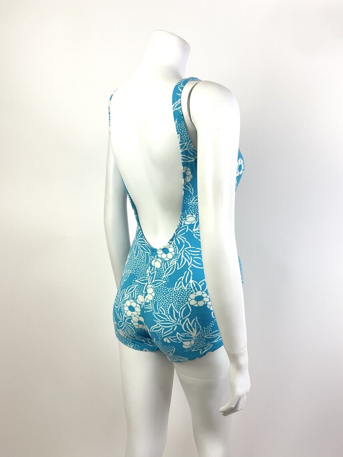 VTG 60s 70s BLUE WHITE FLORAL LEAFY MOD LOW-RISE SWIM BODY SUIT 9 10