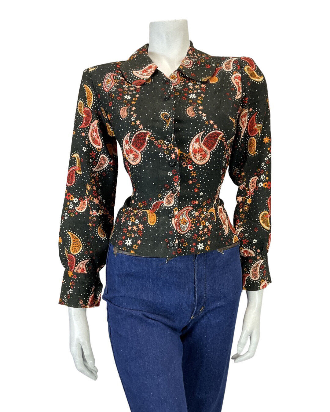 VINTAGE 60s 70s BLACK ORANGE RED PAISLEY FLORAL MOD PETER PAN COLLAR BLOUSE 8