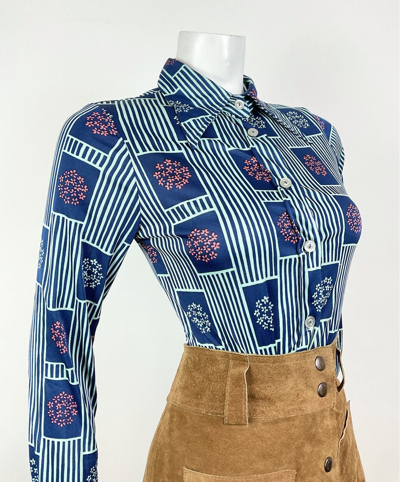 VINTAGE 60s 70s BLUE PINK STRIPED FLORAL BLOSSOM DAGGER SHIRT BLOUSE 8 10