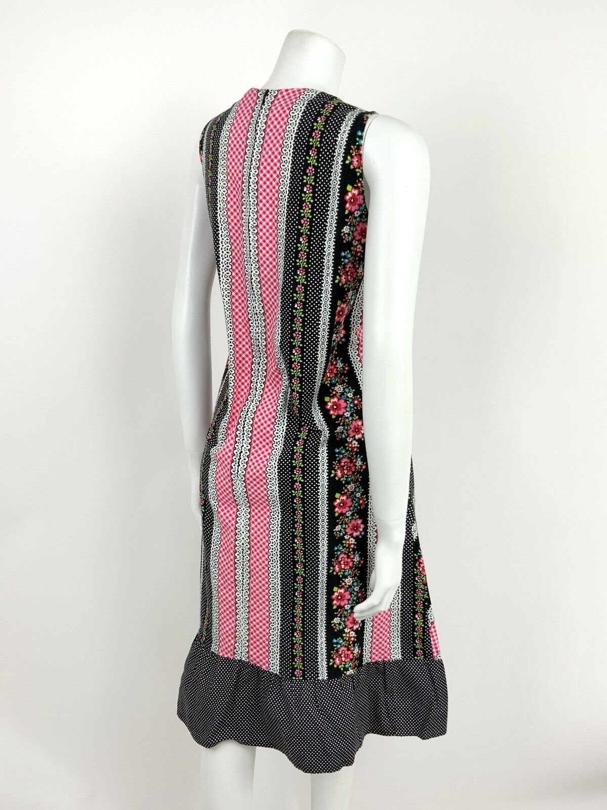 VTG 60s 70s BLACK PINK WHITE DOTTY GINGHAM FLORAL FOLK GYPSY HIPPY DRESS 12 14