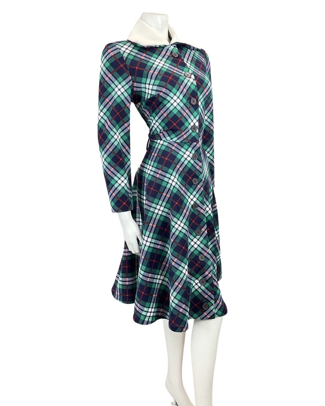 VINTAGE 60s 70s BLUE GREEN WHITE TARTAN CHECKED MOD WING COLLAR SHIRT DRESS 12