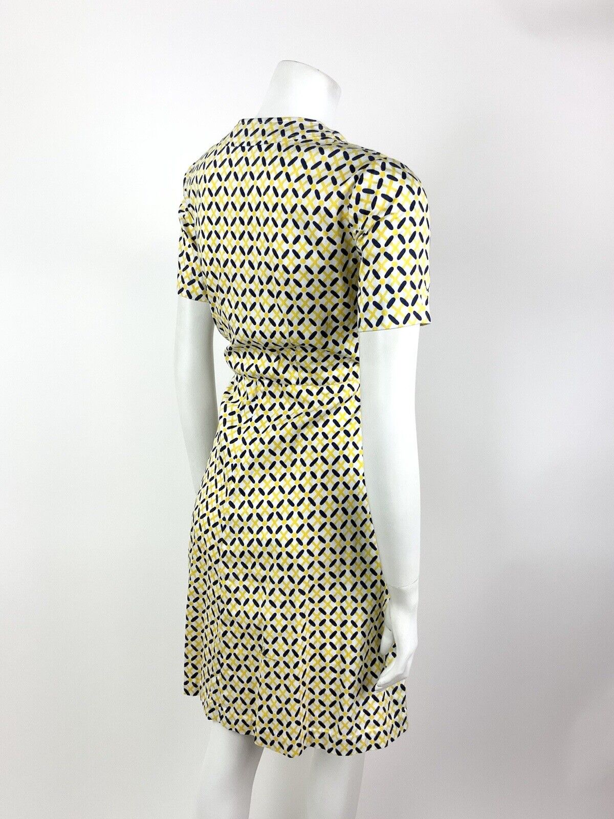 VINTAGE 60s 70s WHITE YELLOW NAVY BLUE CHECKED GEOMETRIC MOD DRESS 10