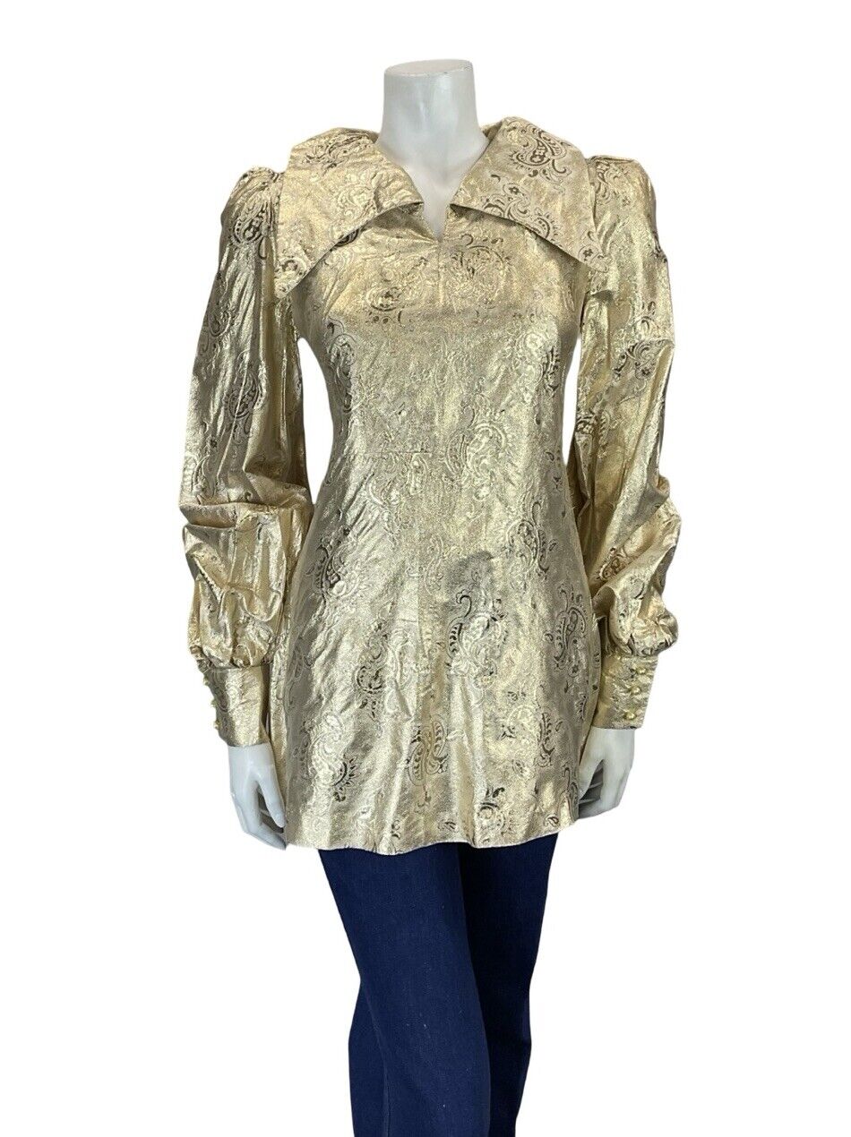 VTG 60S 70S GOLD BROCADE OVERSIZED COLLAR BISHOP SLEEVE PAISLEY TUNIC TOP 8 10 S