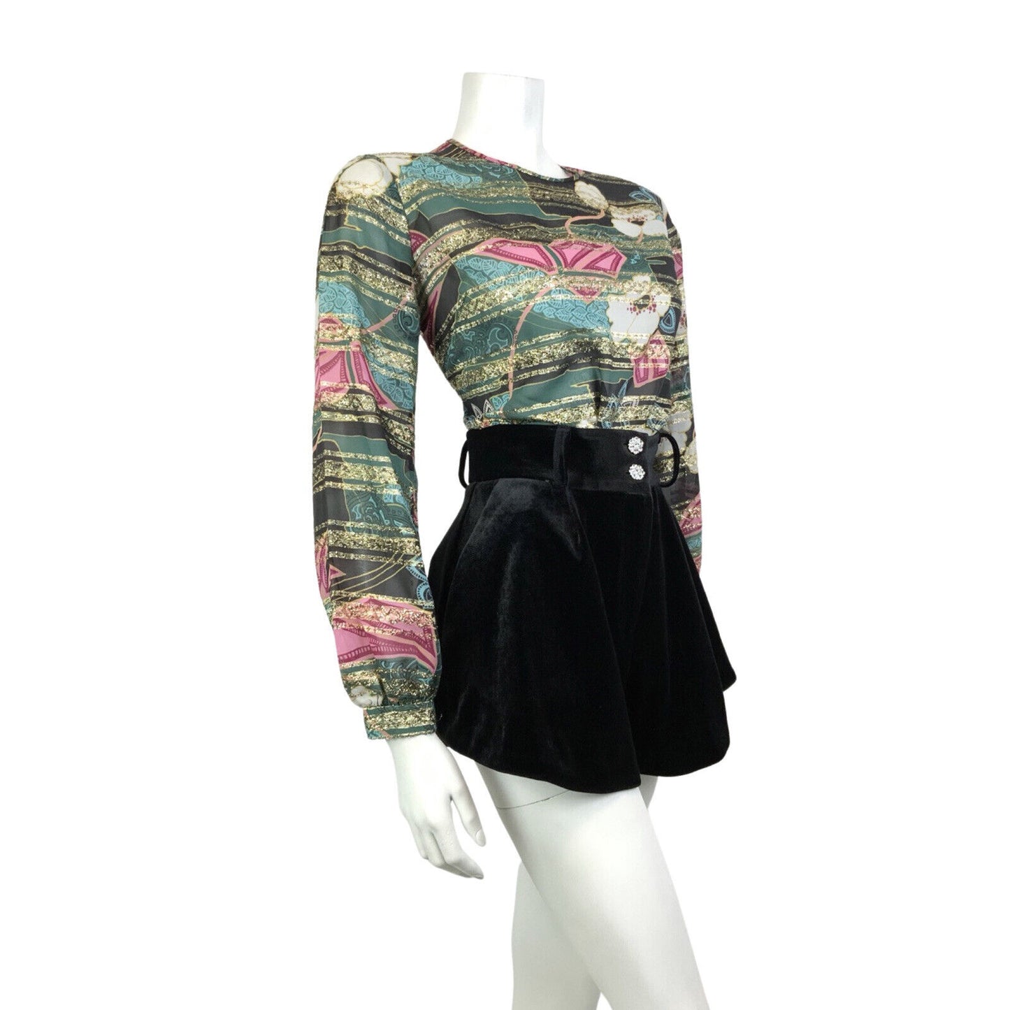 VINTAGE 60s 70s GREEN BLACK PINK GOLD PSYCHEDELIC FLORAL STRIPED SHEER TOP 12 14