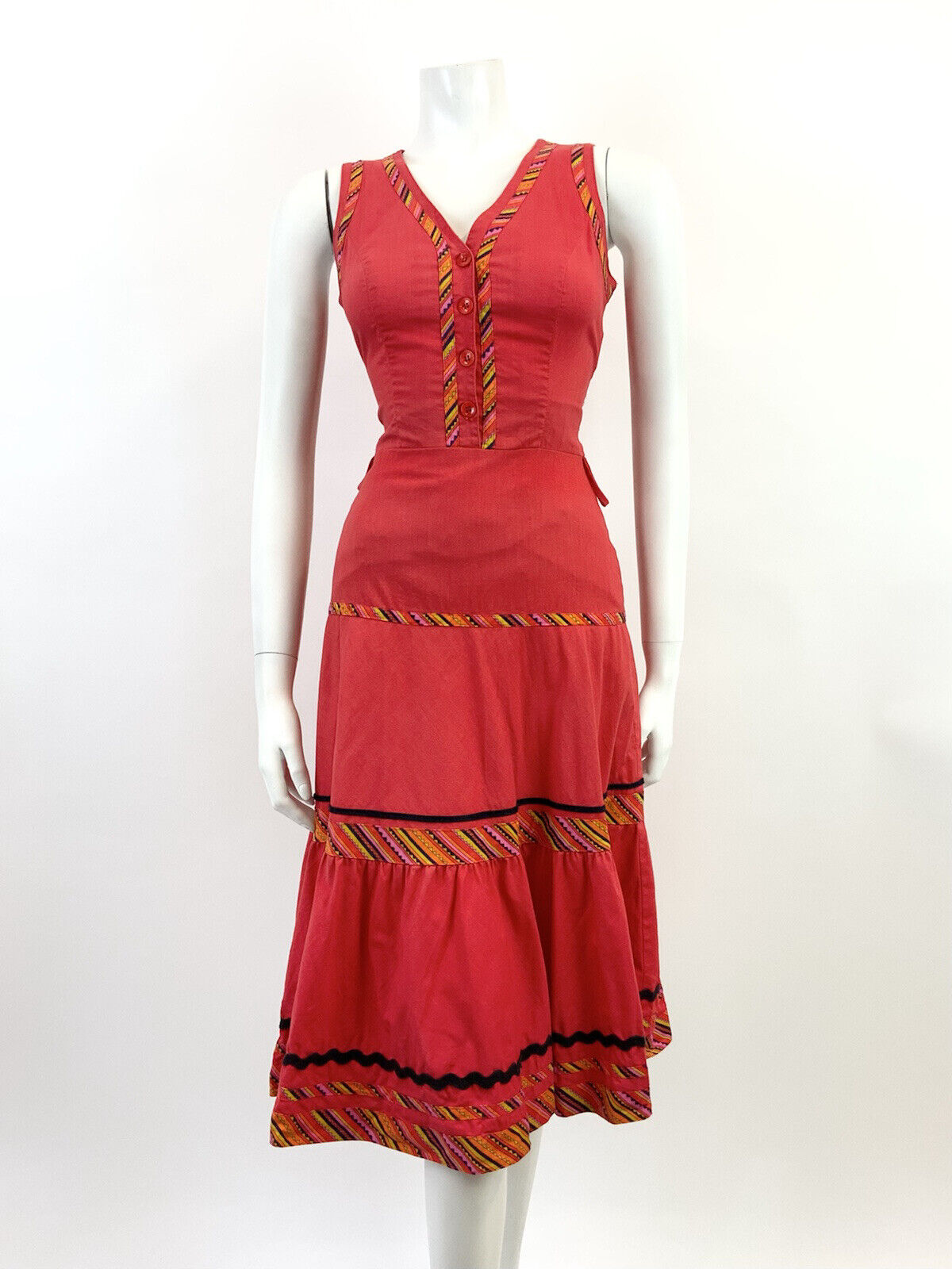VTG 60s 70s FOLK RED ORANGE BLACK STRIPED GEOMETRIC AZTEC TIERED MOD DRESS 8 10