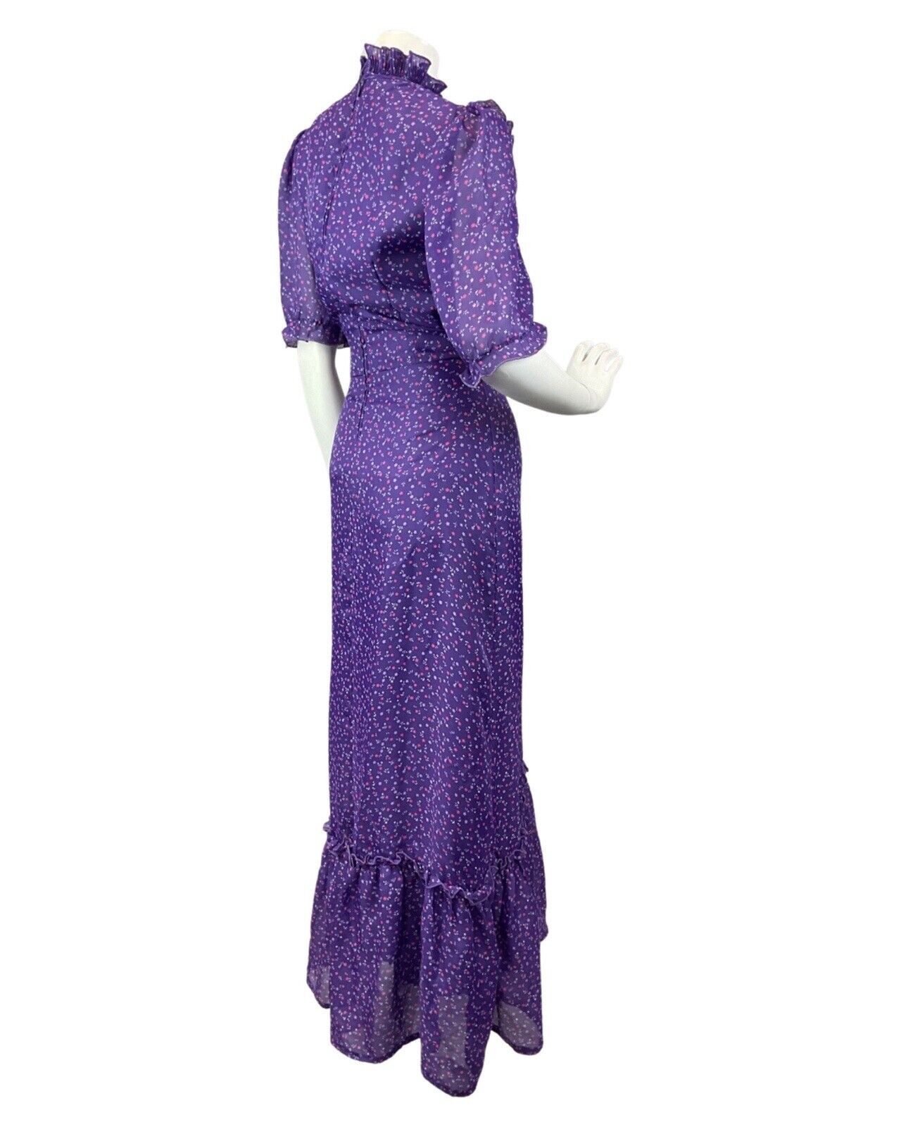 VINTAGE 60s 70s PURPLE PINK WHITE DITSY FLOWER RUFFLE PRAIRIE MAXI DRESS 8 10