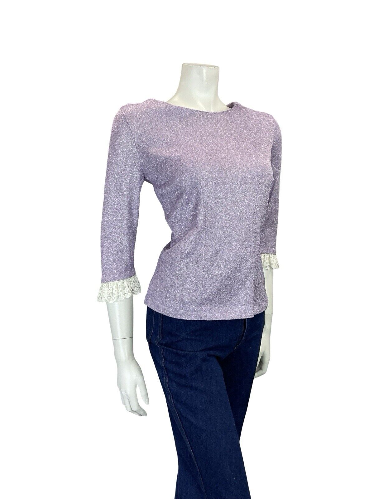 VTG 60S 70S LILAC PURPLE LUREX LACE TRIM 1/2 SLEEVE PARTY PRAIRIE MOD TOP 8