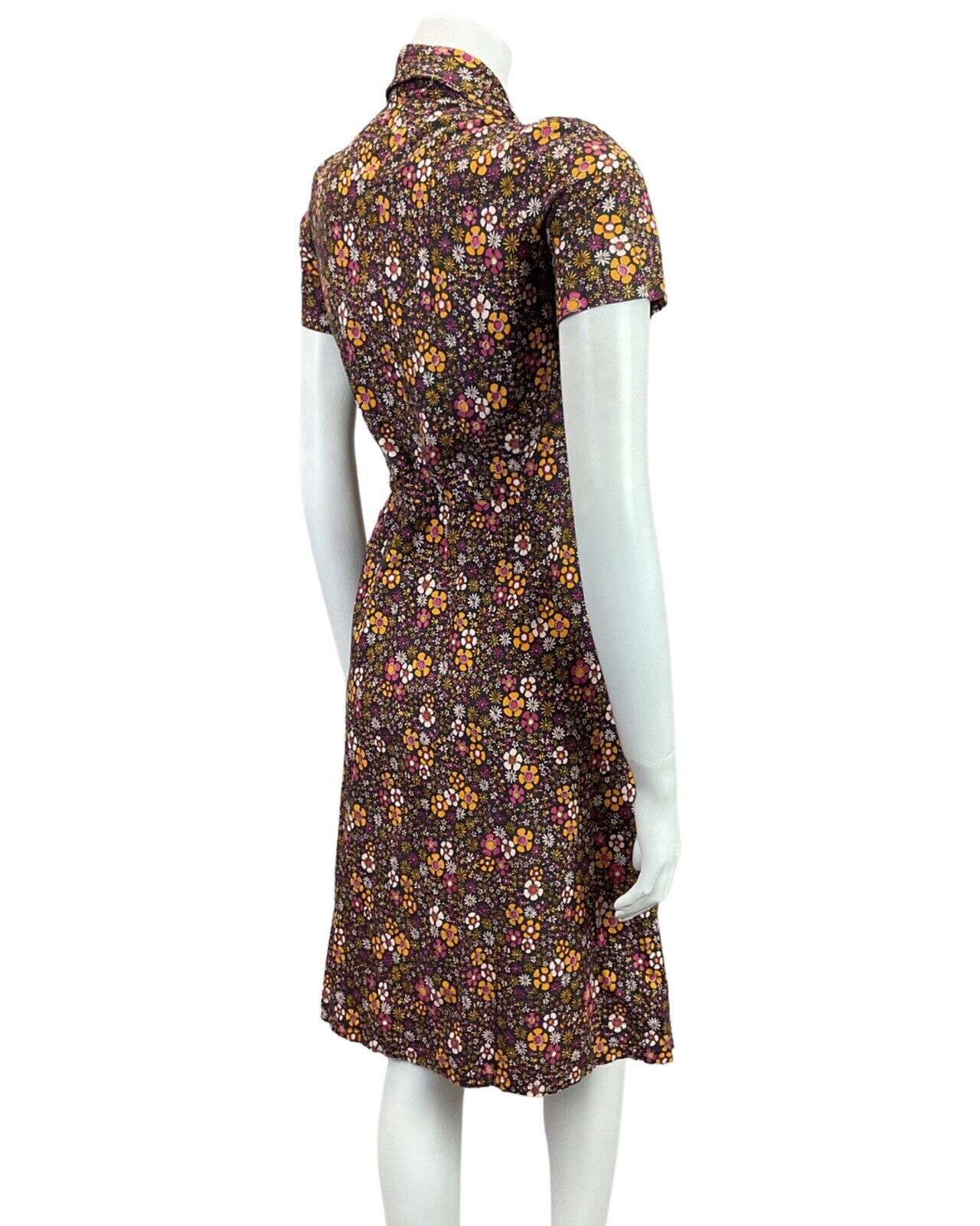 VINTAGE 60s 70s BLACK PINK PURPLE ORANGE FLORAL DITSY MOD DAGGER SHIRT DRESS 8
