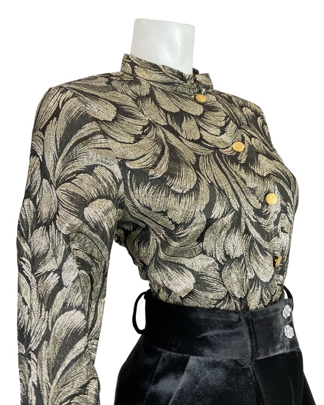 VINTAGE 60s 70s GOLD BLACK PSYCHEDELIC MANDARIN COLLAR STUDIO 54 LUREX SHIRT 14