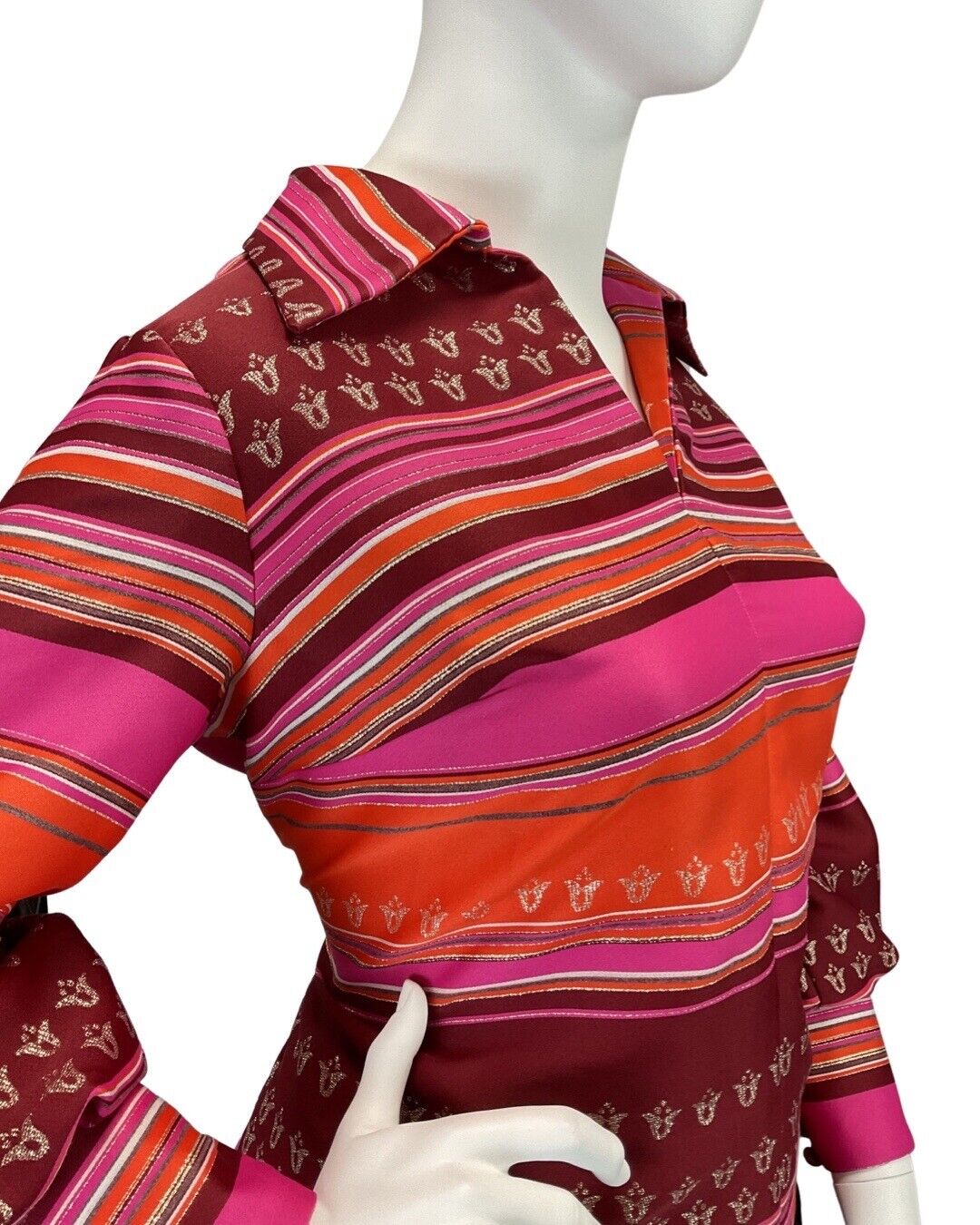 VINTAGE 60s 70s PINK GOLD STRIPED DAGGER COLLAR MOD PARTY BLOUSE SHIRT 20 22