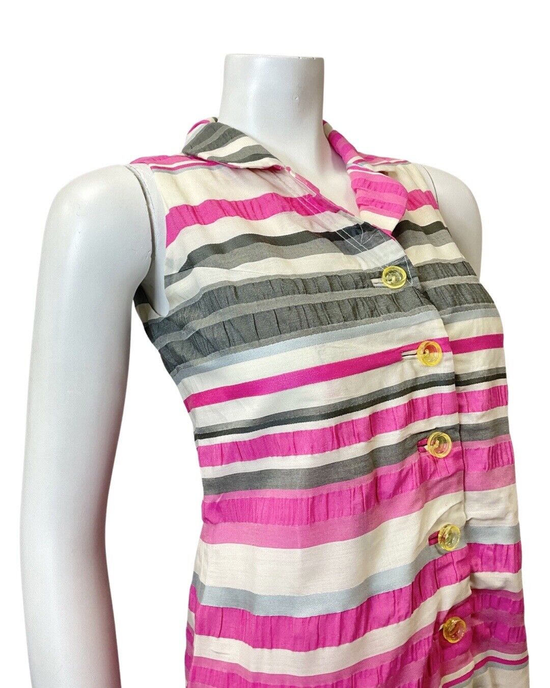 VINTAGE 60s 70s PINK SILVER WHITE STRIPED MOD SLEEVELESS SHIRT SHIFT DRESS 6