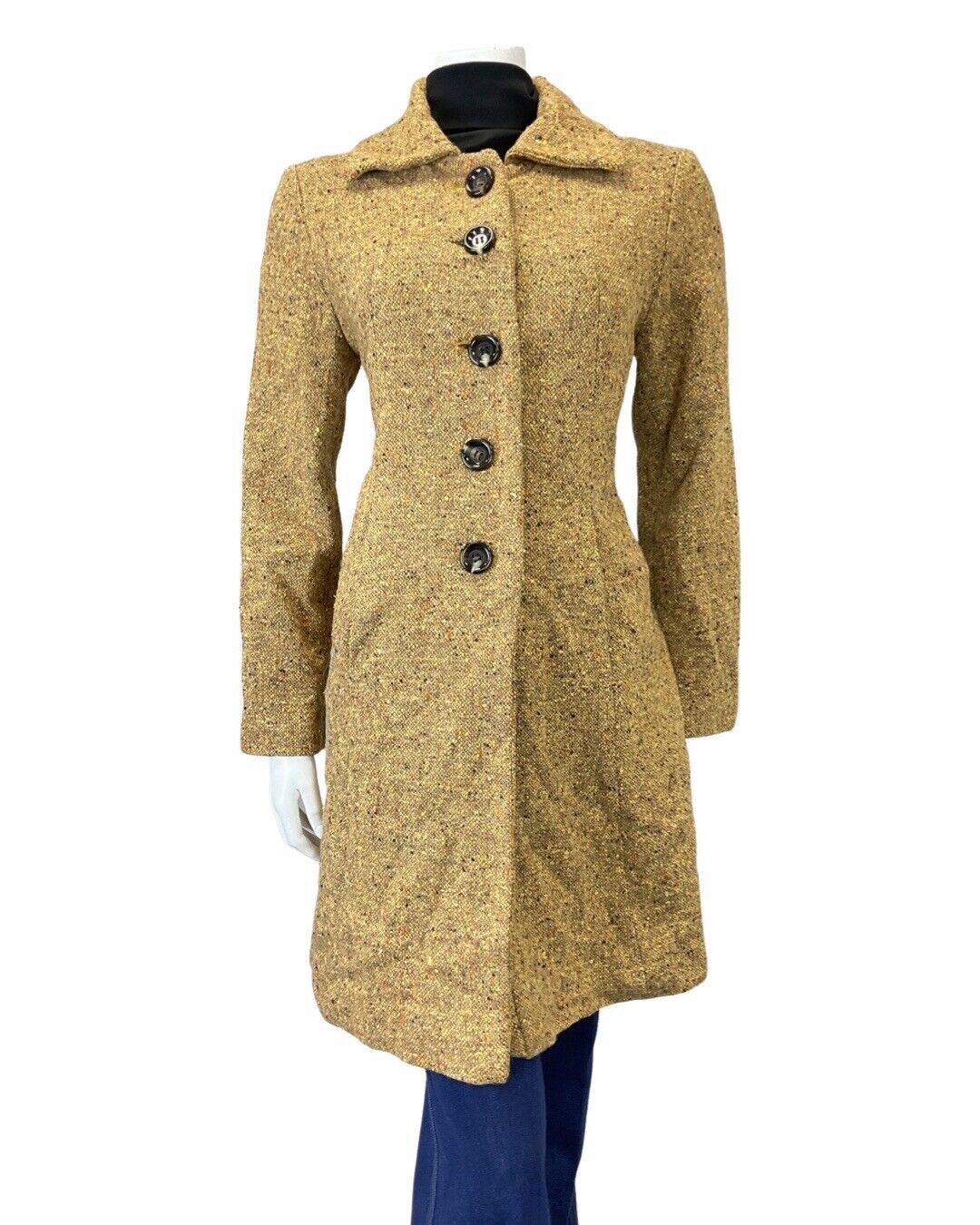 VINTAGE 60s 70s YELLOW BROWN BEIGE SPECKLED MOD MID-LENGTH WOOL COAT 12