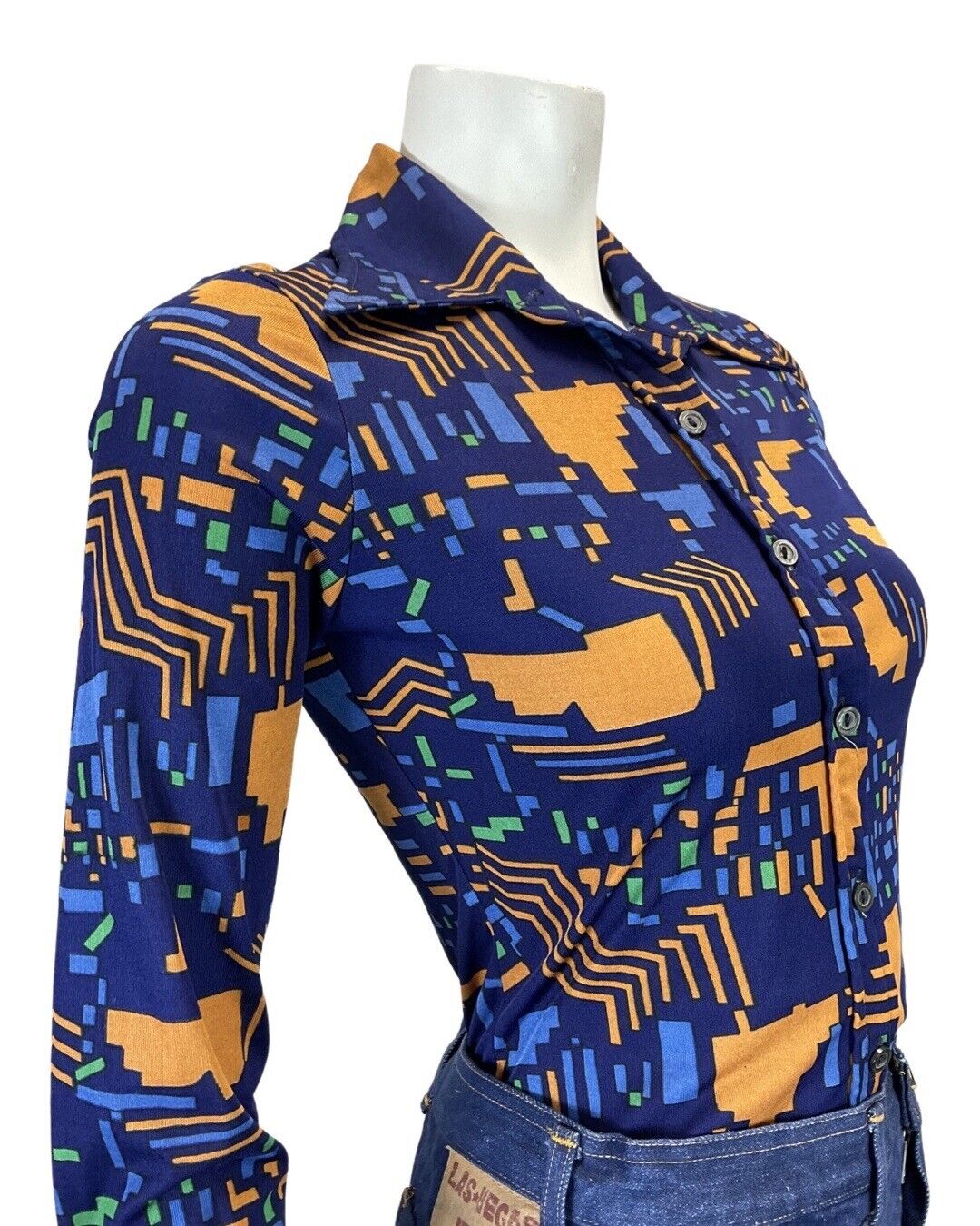 VINTAGE 60s 70s NAVY BLUE YELLOW GEOMETRIC MOD DAGGER COLLAR SHIRT 8