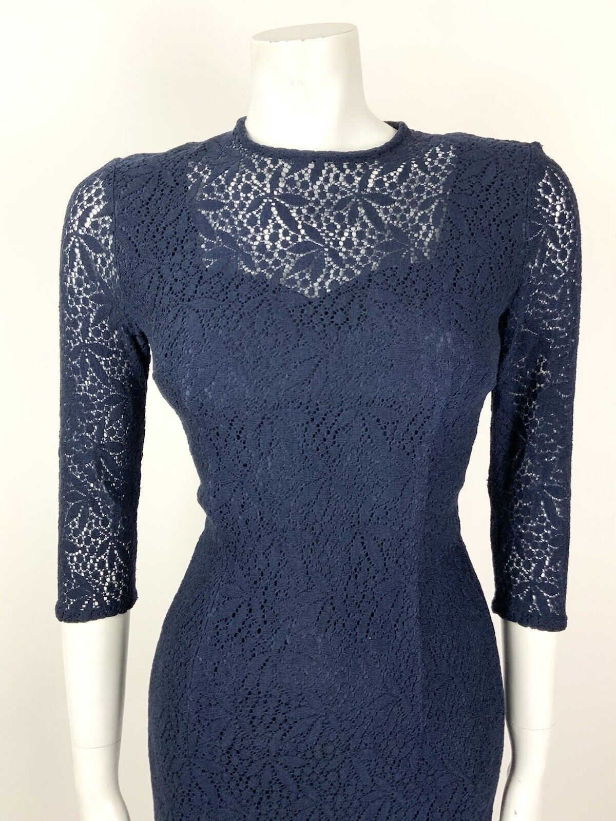 VINTAGE 60s 70s NAVY BLUE FLORAL LACE MOD PENCIL DRESS 12 14