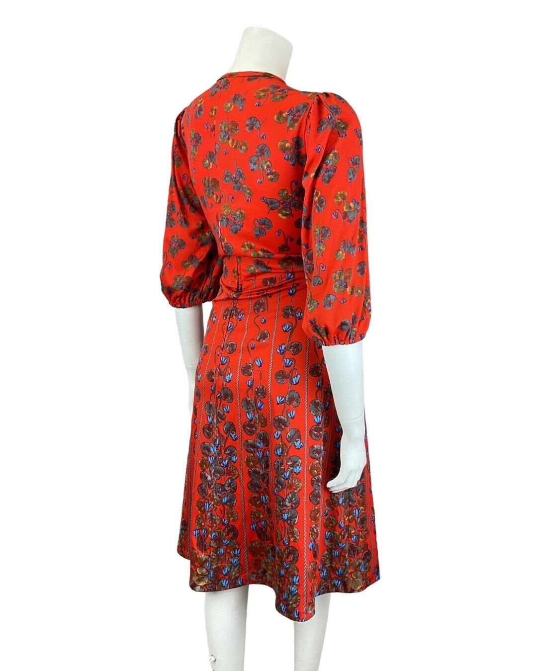 VINTAGE 60s 70s RED BLUE GREY FLORAL ROPE STRIPED LONG SLEEVE SWING DRESS 14
