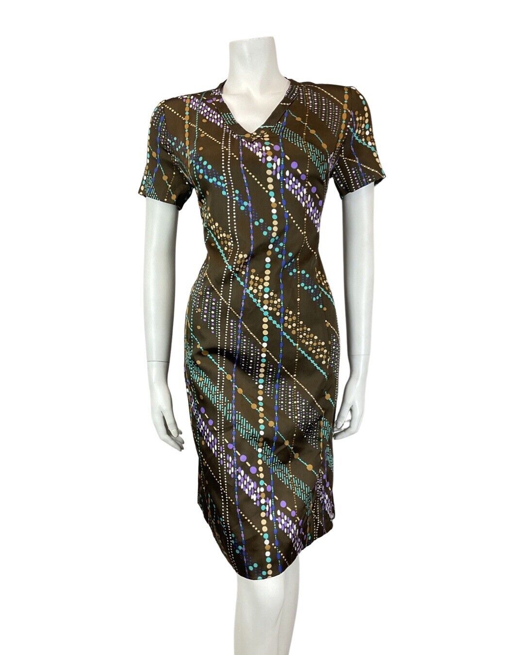 VINTAGE 60s 70s BROWN BLUE PURPLE BEAD REED DOTTY MOD SHORT SLEEVE DRESS 12
