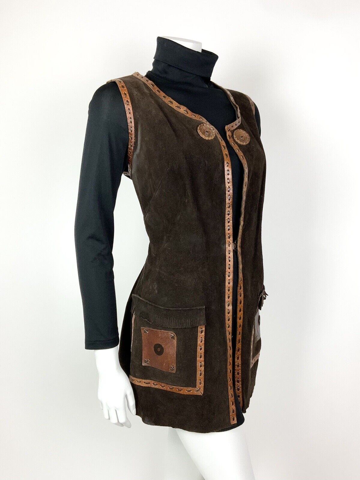 VTG 60s 70s BROWN ORANGE SUEDE LEATHER TASSLED BOHO FOLK WAISTCOAT DRESS 12