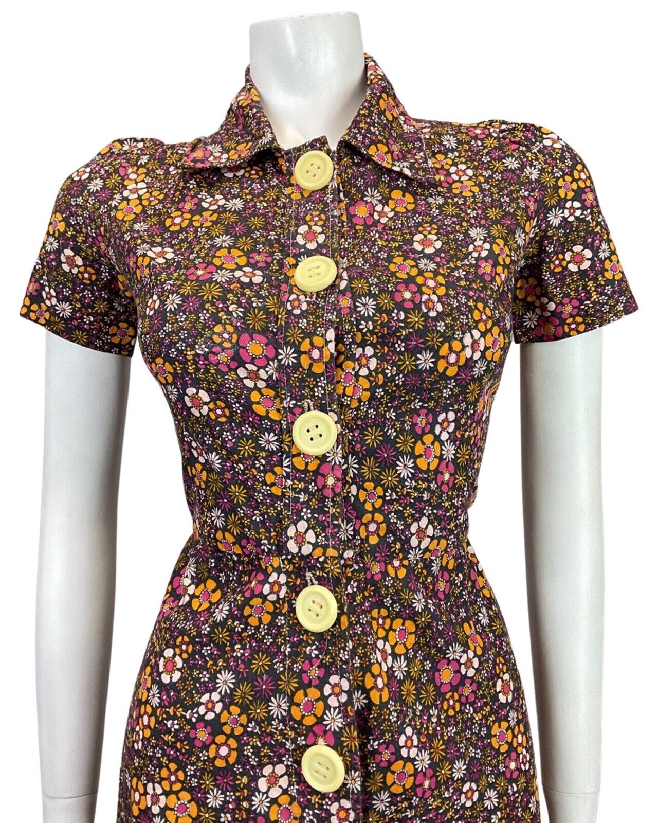 VINTAGE 60s 70s BLACK PINK PURPLE ORANGE FLORAL DITSY MOD DAGGER SHIRT DRESS 8