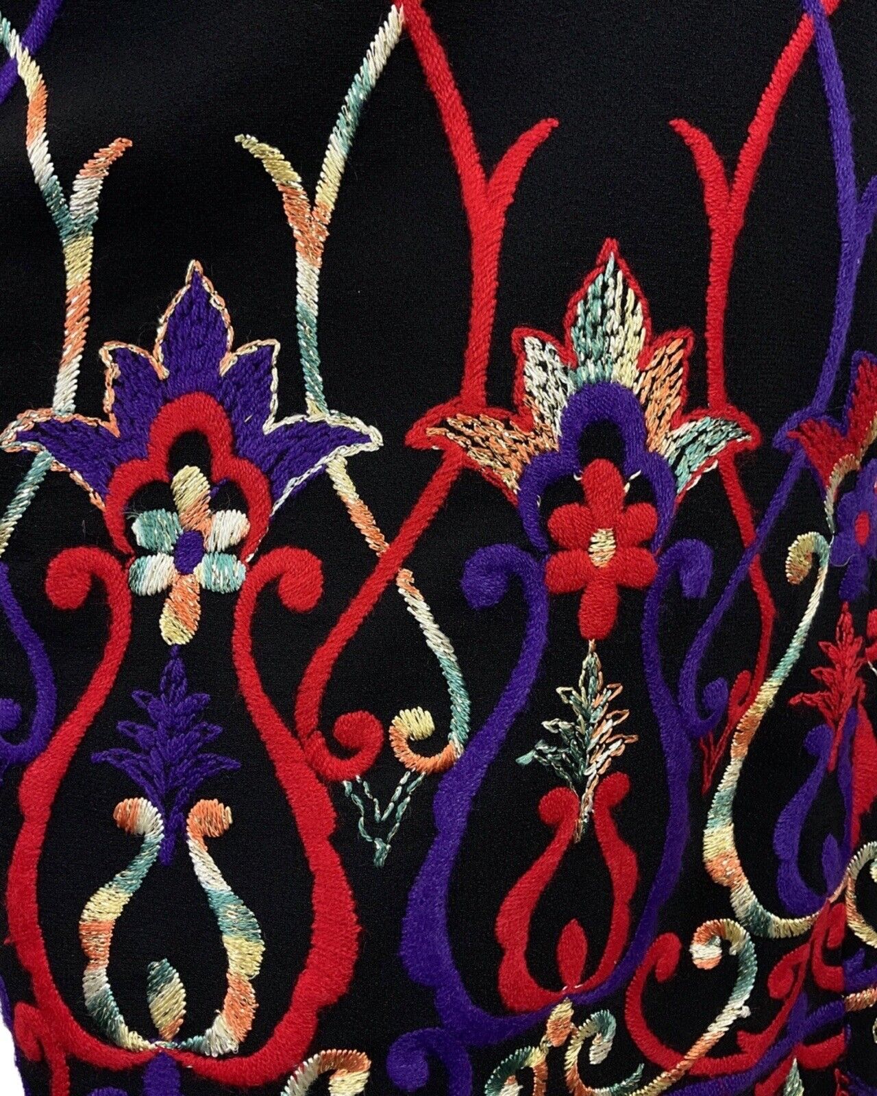 VINTAGE 60s 70s BLACK RED PURPLE GOLD EMBROIDERED FLORAL SWIRL MOD DRESS 12 14