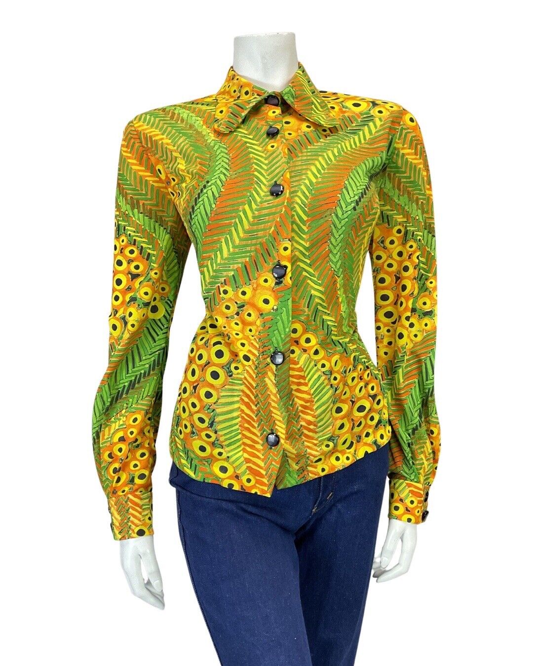 VINTAGE 60s 70s YELLOW GREEN PSYCHEDELIC DOTTY BEAGLE COLLAR MOD SHIRT 12 14